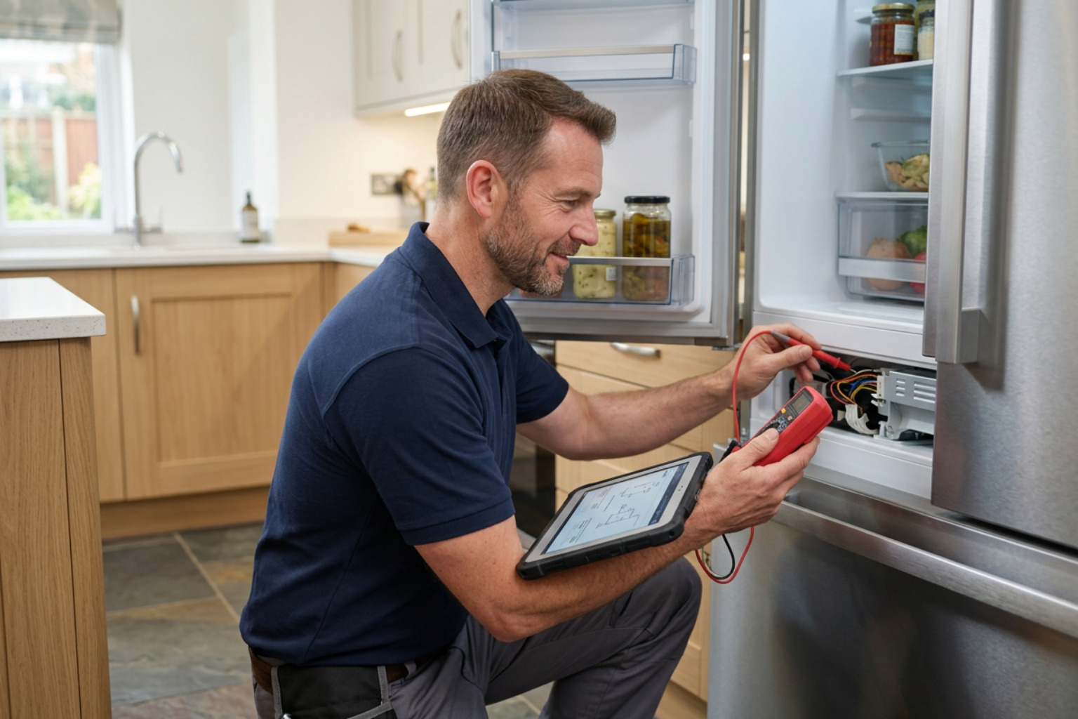 Certified appliance repair technician diagnosing a modern kitchen appliance
