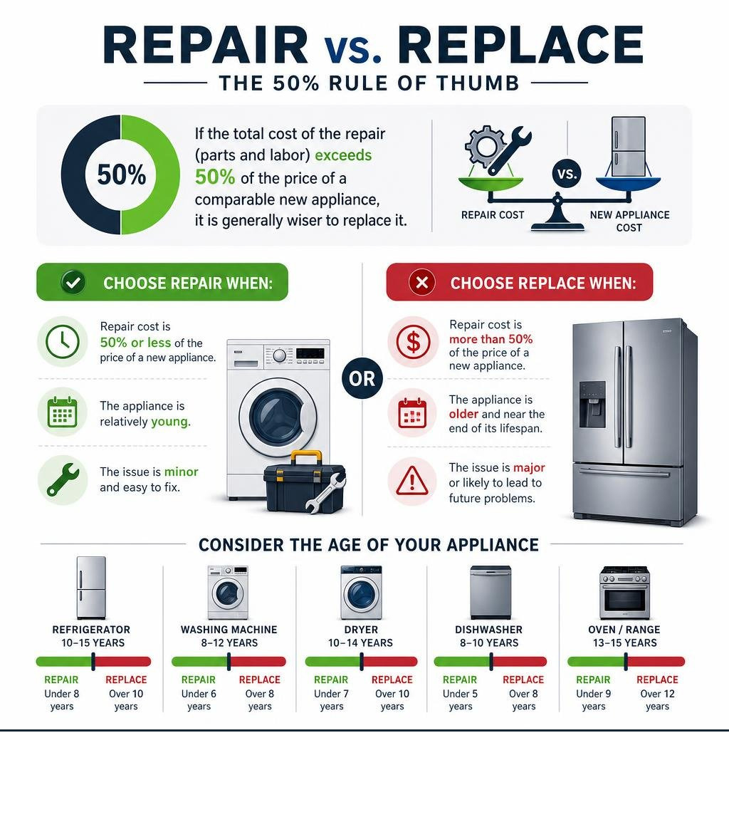 Appliance repair versus replacement cost comparison infographic using the 50 percent rule infographic