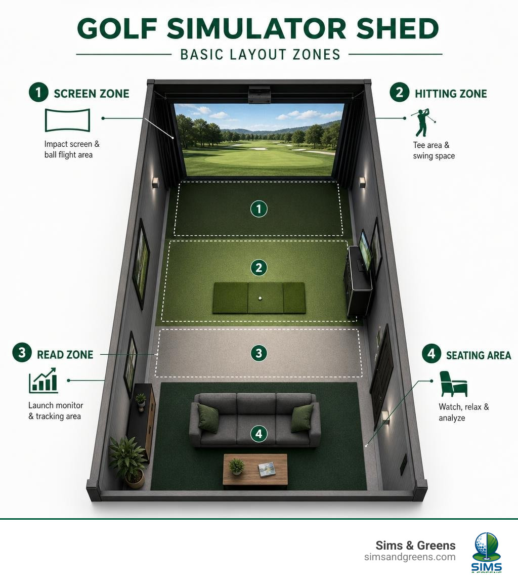Basic layout zones of a golf simulator shed including screen zone, hitting zone, read zone, and seating area infographic Basic layout zones of a golf simulator shed including screen zone, hitting zone, read zone, and seating area infographic
