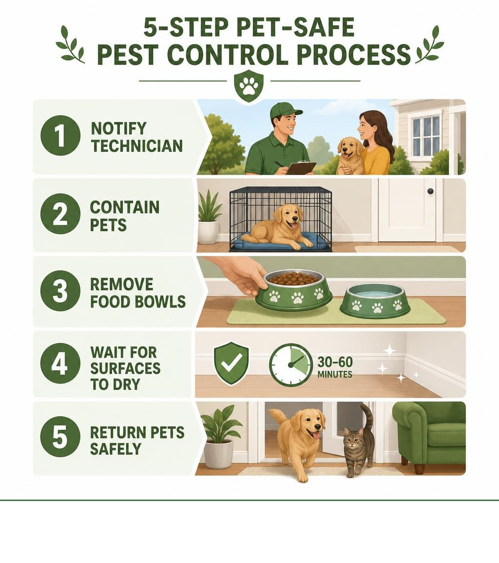 Infographic showing 5-step pet-safe pest control process: notify technician, contain pets, remove food bowls, wait for dry time