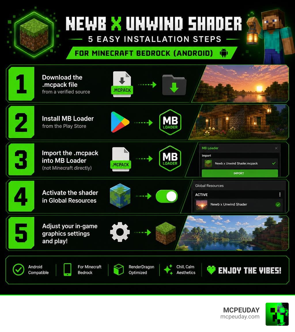 Newb x Unwind Shader installation steps infographic for Minecraft Bedrock Android infographic Newb x Unwind Shader installation steps infographic for Minecraft Bedrock Android infographic