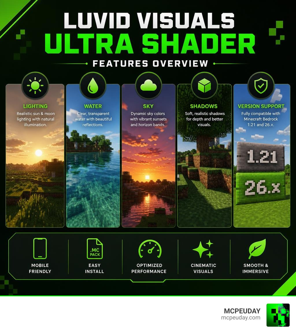 Luvid Visuals Ultra Shader features overview: lighting, water, sky, shadows, version support infographic Luvid Visuals Ultra Shader features overview: lighting, water, sky, shadows, version support infographic