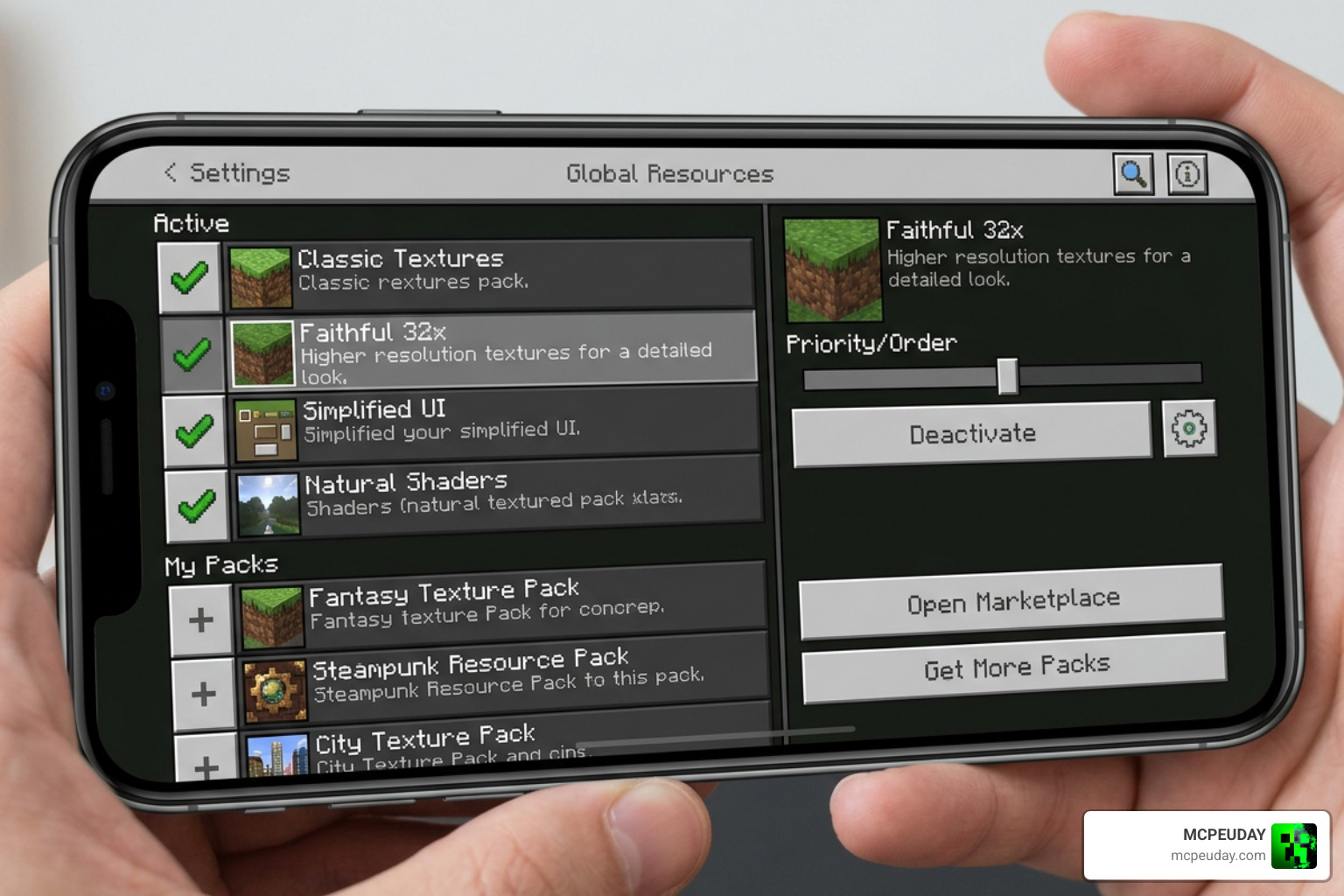 Minecraft Bedrock resource pack settings screen showing active packs