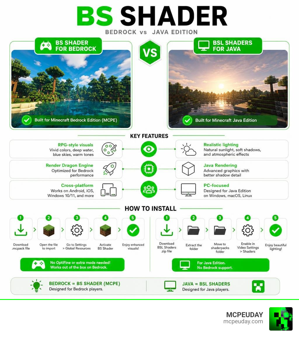 Infographic comparing BS Shader for Bedrock vs BSL Shaders for Java Edition features and install methods infographic Infographic comparing BS Shader for Bedrock vs BSL Shaders for Java Edition features and install methods infographic