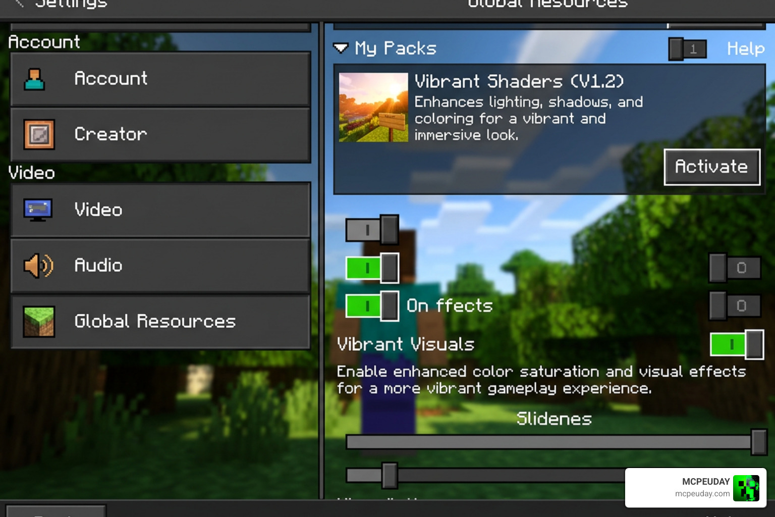 Sildaum Vibrant Shaders settings menu showing the vibrant visual toggle activated