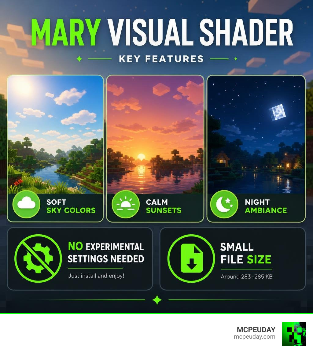 Infographic showing Mary Visual Shader features: soft sky colors, calm sunsets, night ambiance, no experimental settings