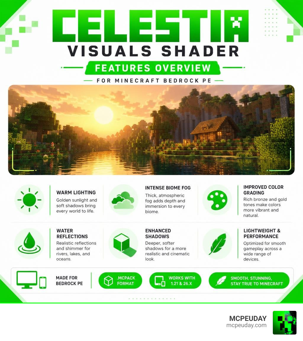 Celestia Visuals Shader features overview infographic for Minecraft Bedrock PE infographic Celestia Visuals Shader features overview infographic for Minecraft Bedrock PE infographic