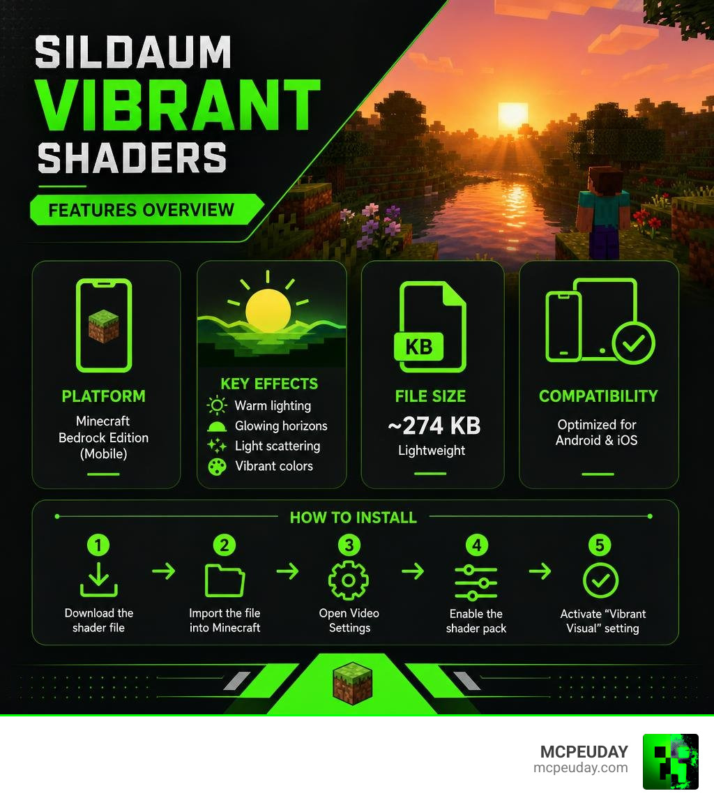 Sildaum Vibrant Shaders features infographic: platform, key effects, file size, compatibility, and how to install infographic