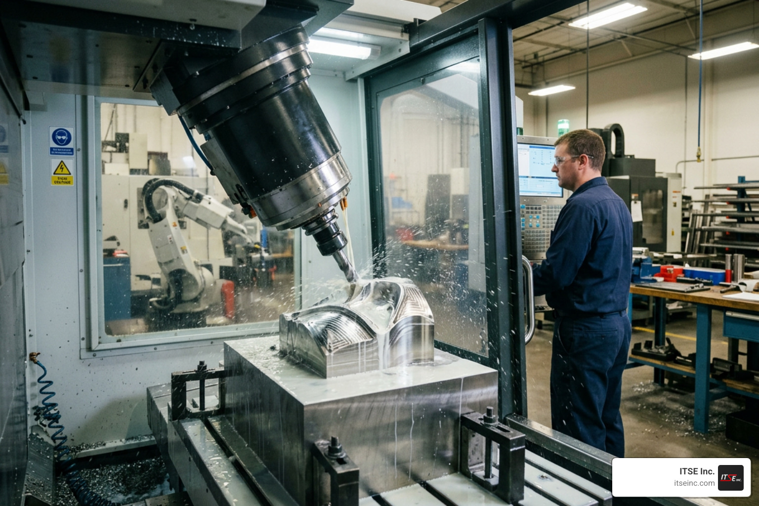5-axis CNC milling machine cutting a complex, curved aerospace component from a solid block of titanium