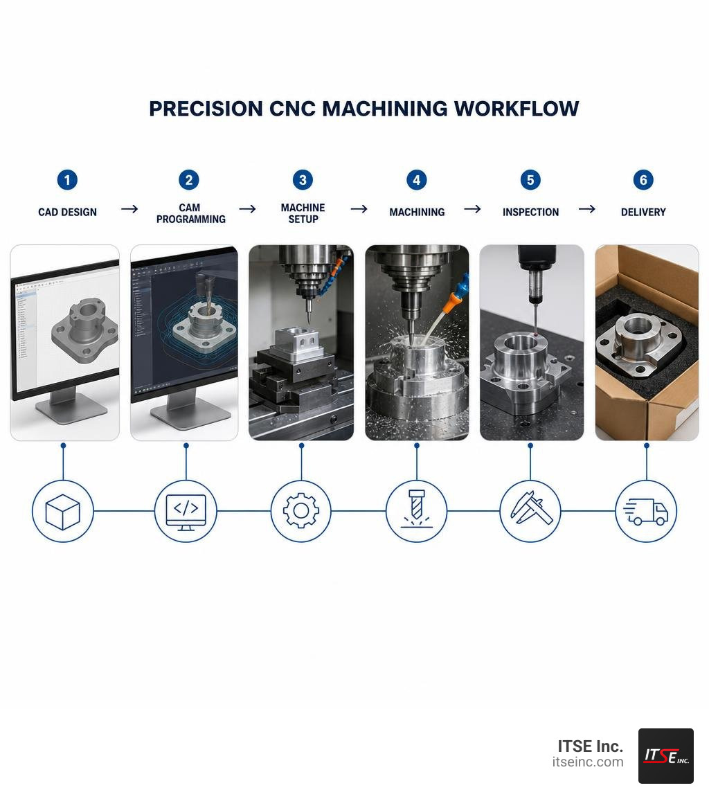 Precision CNC machining workflow: CAD design → CAM programming → machine setup → machining → inspection → delivery