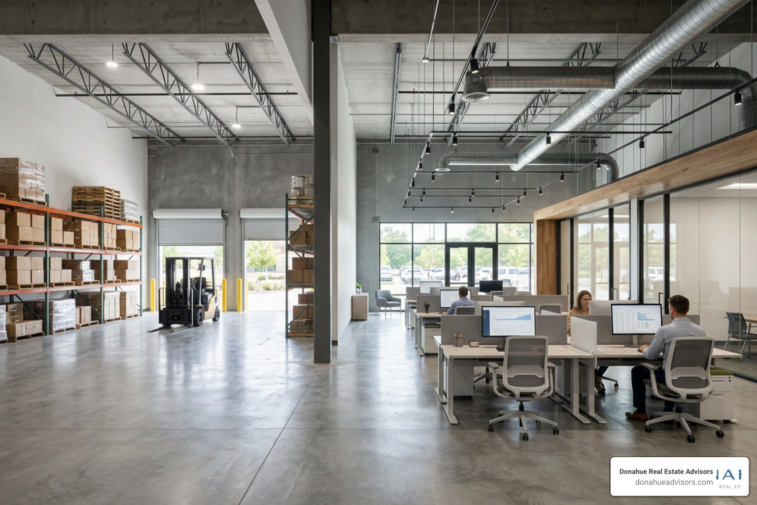 Single-story flex space layout with modern office and warehouse integration Single-story flex space layout with modern office and warehouse integration