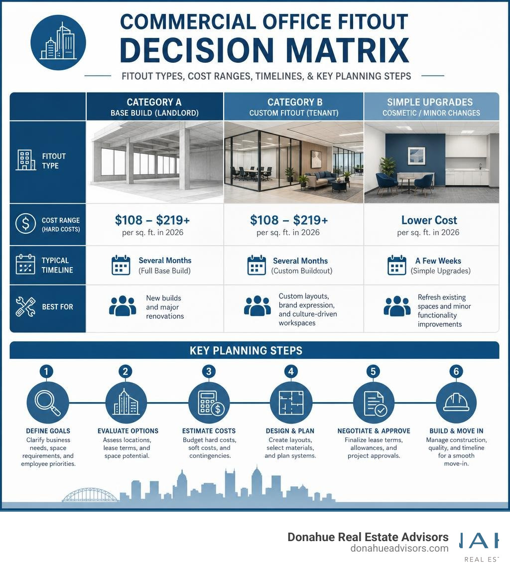 Commercial office fitout decision matrix: fitout types, cost ranges, timelines, and key planning steps infographic