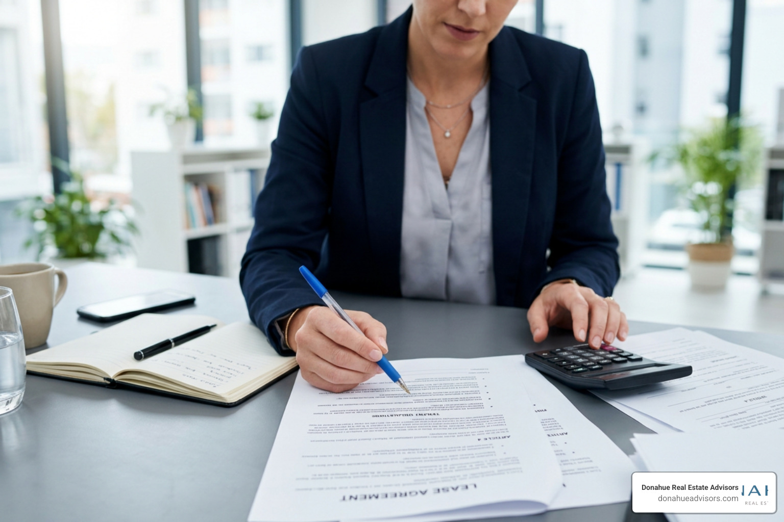 A professional reviewing a commercial lease contract with a blue pen and calculator on a grey desk