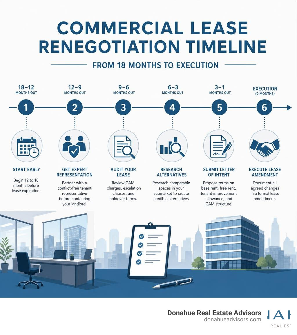 Commercial lease renegotiation timeline from 18 months to execution, showing key steps and milestones infographic