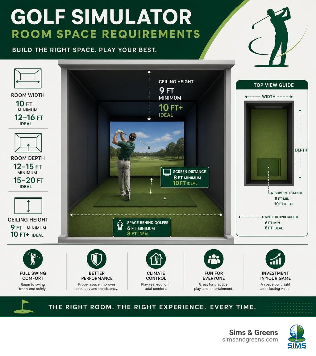 Golf simulator room space requirements infographic showing dimensions, ceiling height, and depth guidelines infographic Golf simulator room space requirements infographic showing dimensions, ceiling height, and depth guidelines infographic