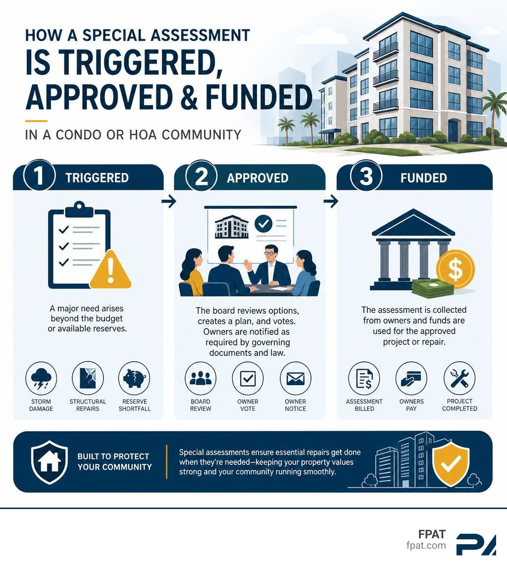 Infographic showing how a special assessment is triggered, approved, and funded in a condo or HOA community infographic Infographic showing how a special assessment is triggered, approved, and funded in a condo or HOA community infographic