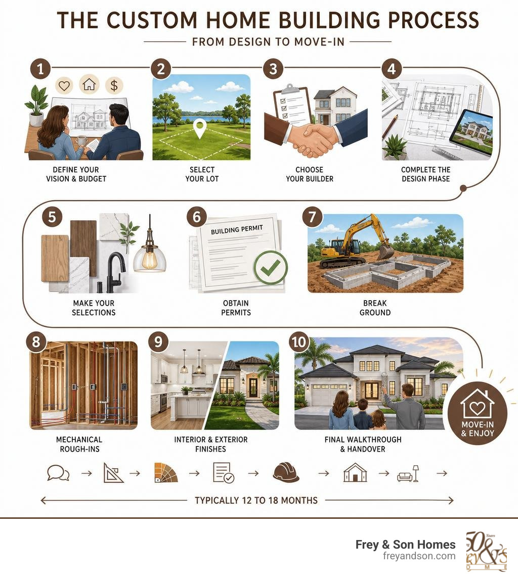 Custom home building process step-by-step timeline infographic from design to move-in infographic