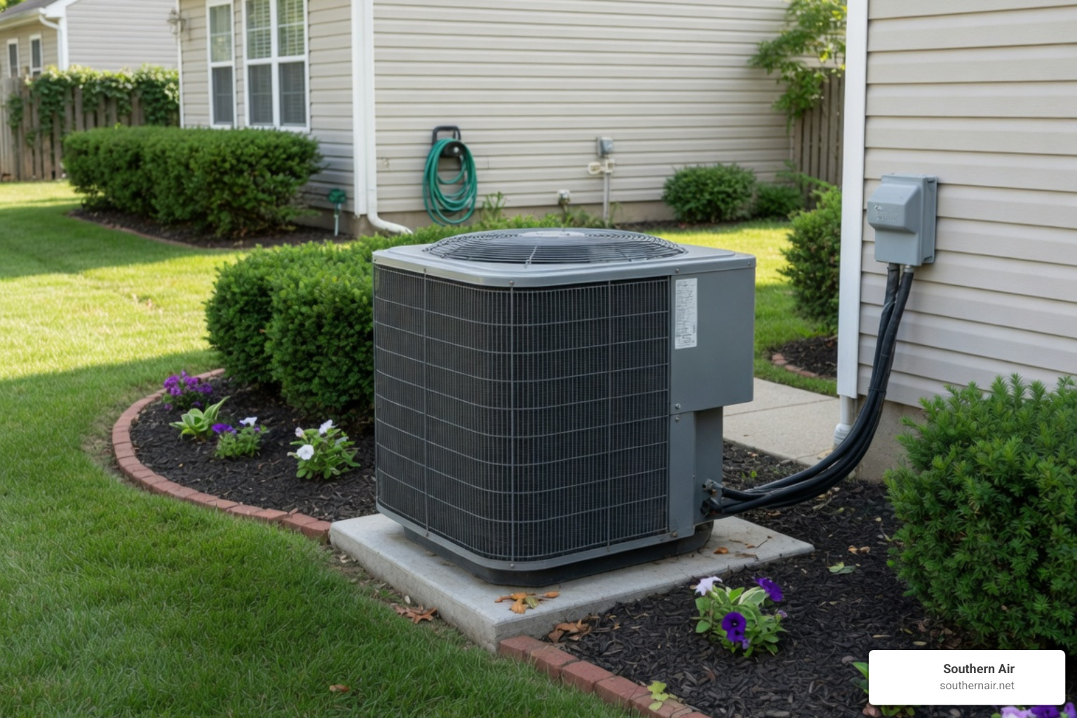 Outdoor AC condenser unit surrounded by clean landscaping Outdoor AC condenser unit surrounded by clean landscaping