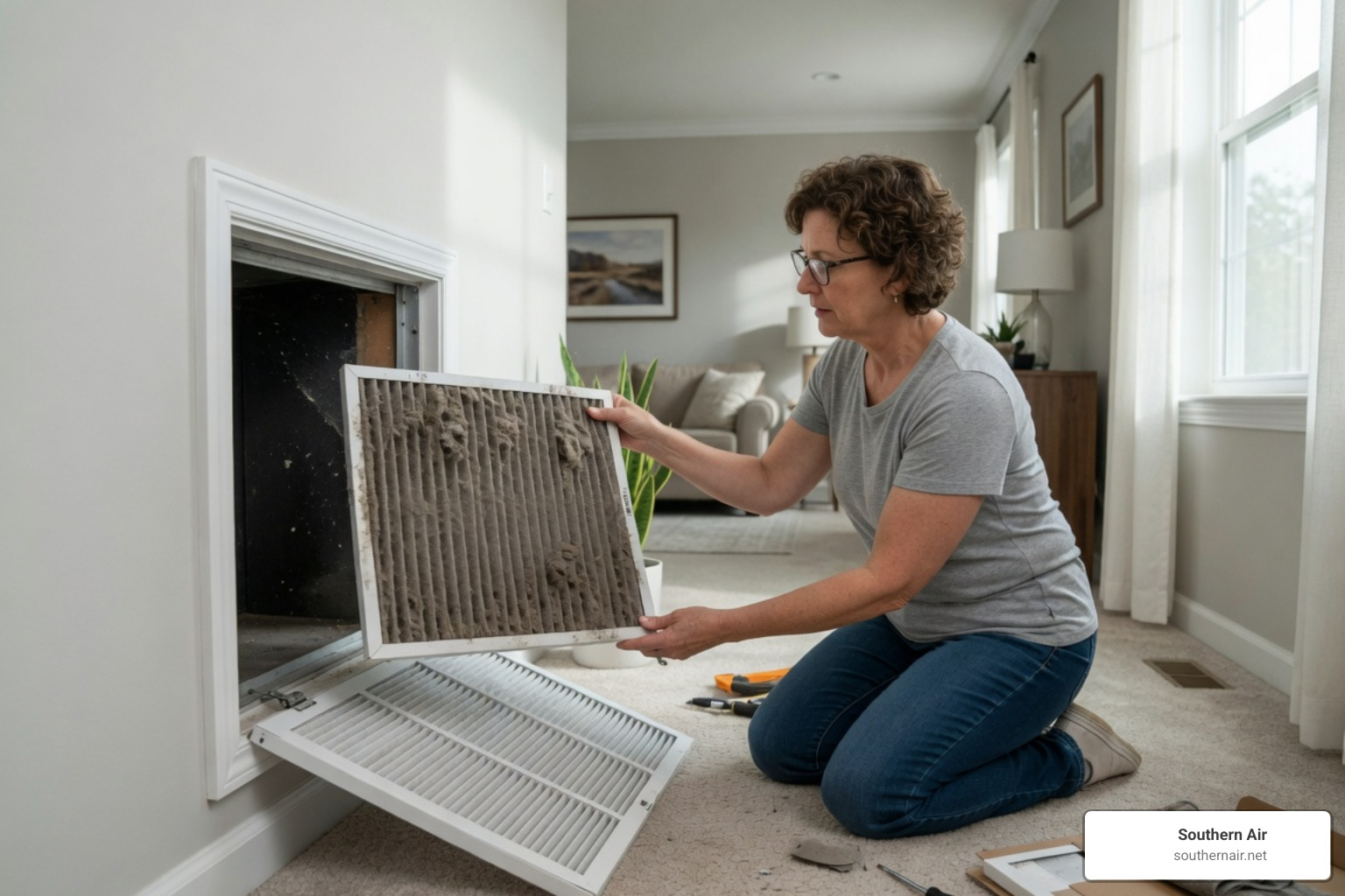Homeowner replacing a dirty air filter in their return vent Homeowner replacing a dirty air filter in their return vent