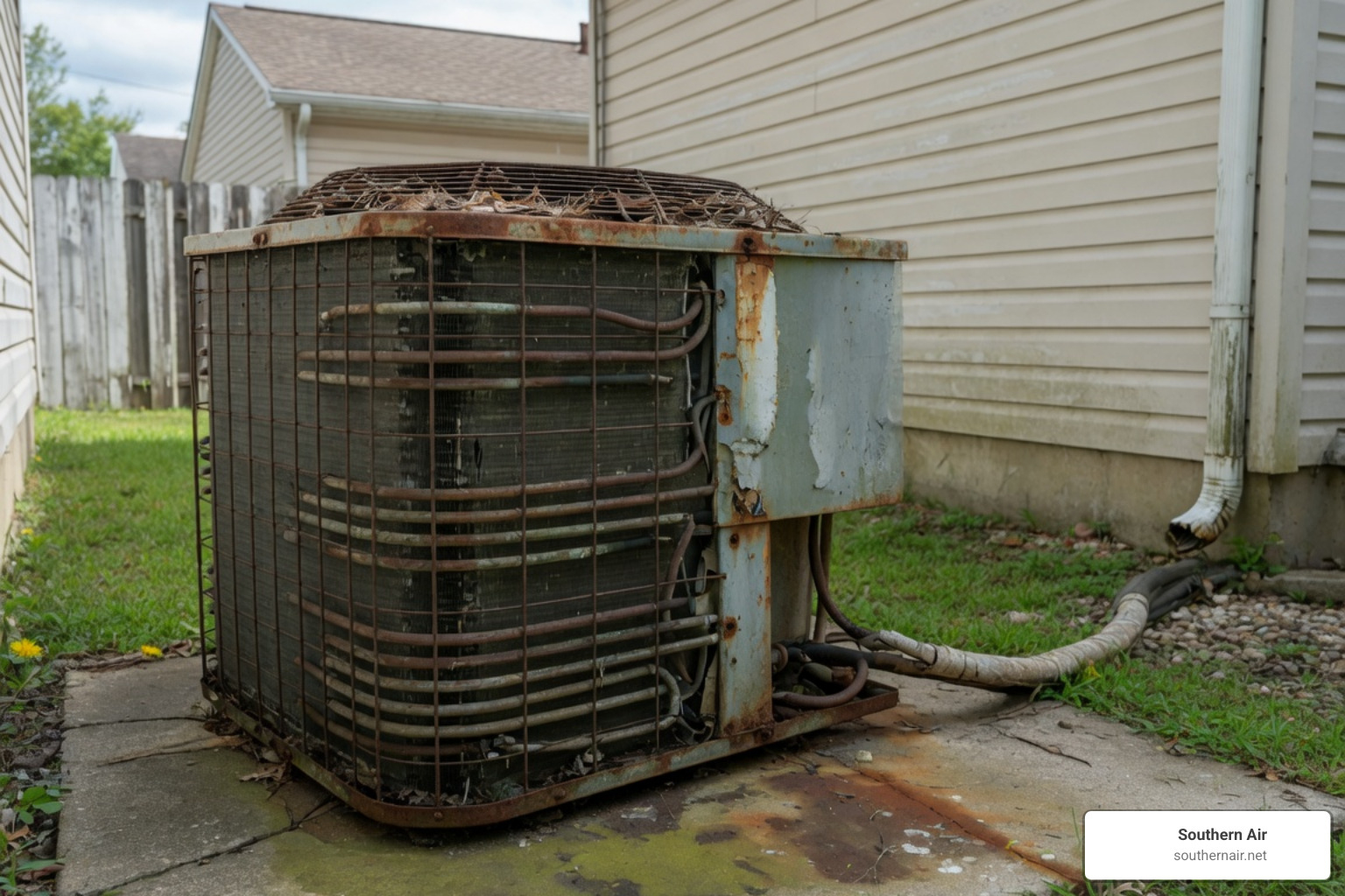 An old rusted outdoor AC condenser unit requiring replacement An old rusted outdoor AC condenser unit requiring replacement