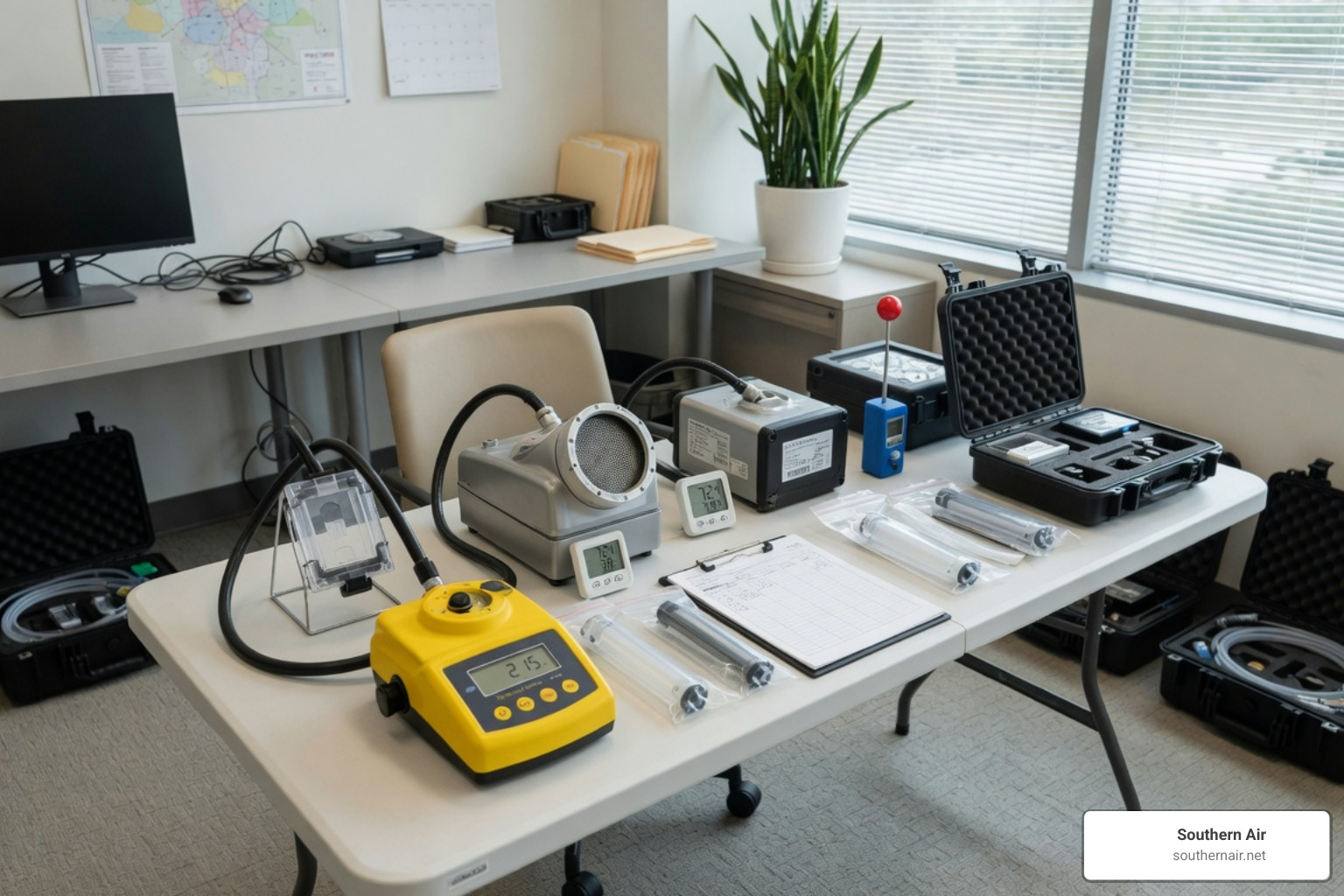 Air sampling equipment and calibrated pumps set up in a modern office space Air sampling equipment and calibrated pumps set up in a modern office space