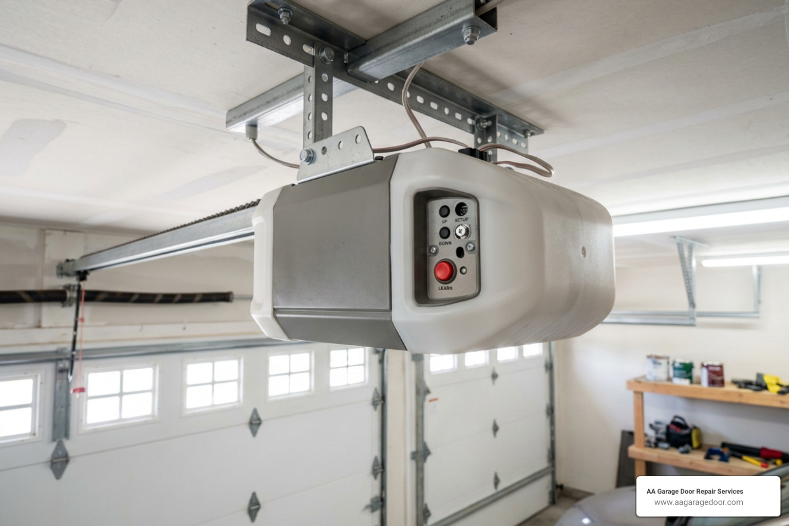 garage door opener motor unit with a visible Learn button