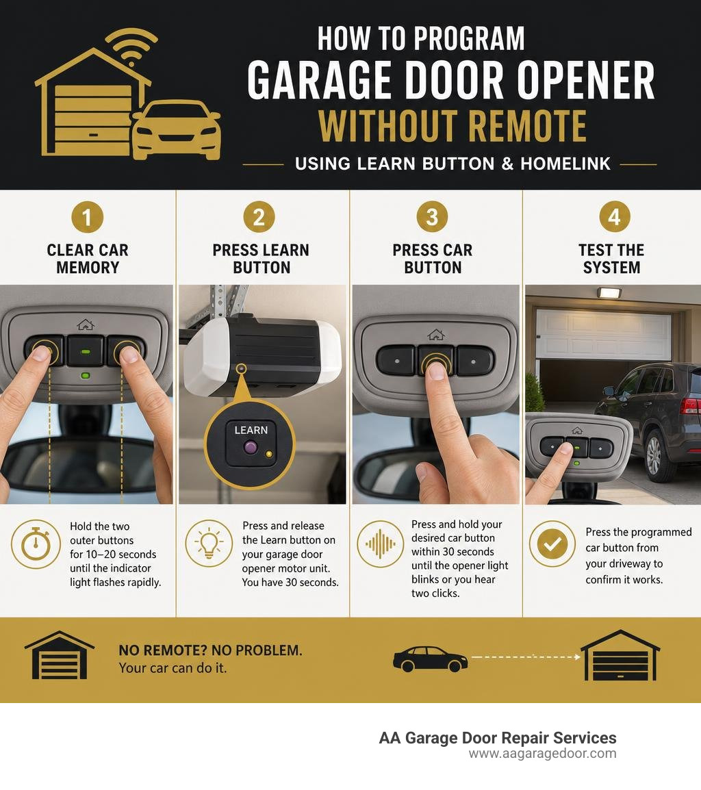 4-step infographic: how to program garage door opener without remote using Learn button and HomeLink infographic