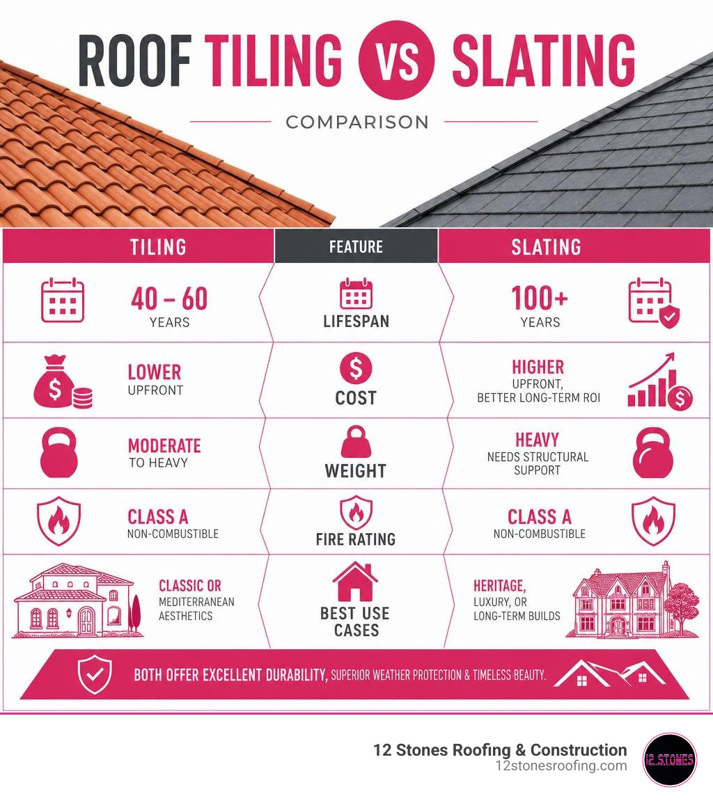 Infographic showing roof tiling vs slating comparison: lifespan, cost, weight, fire rating, and best use cases infographic