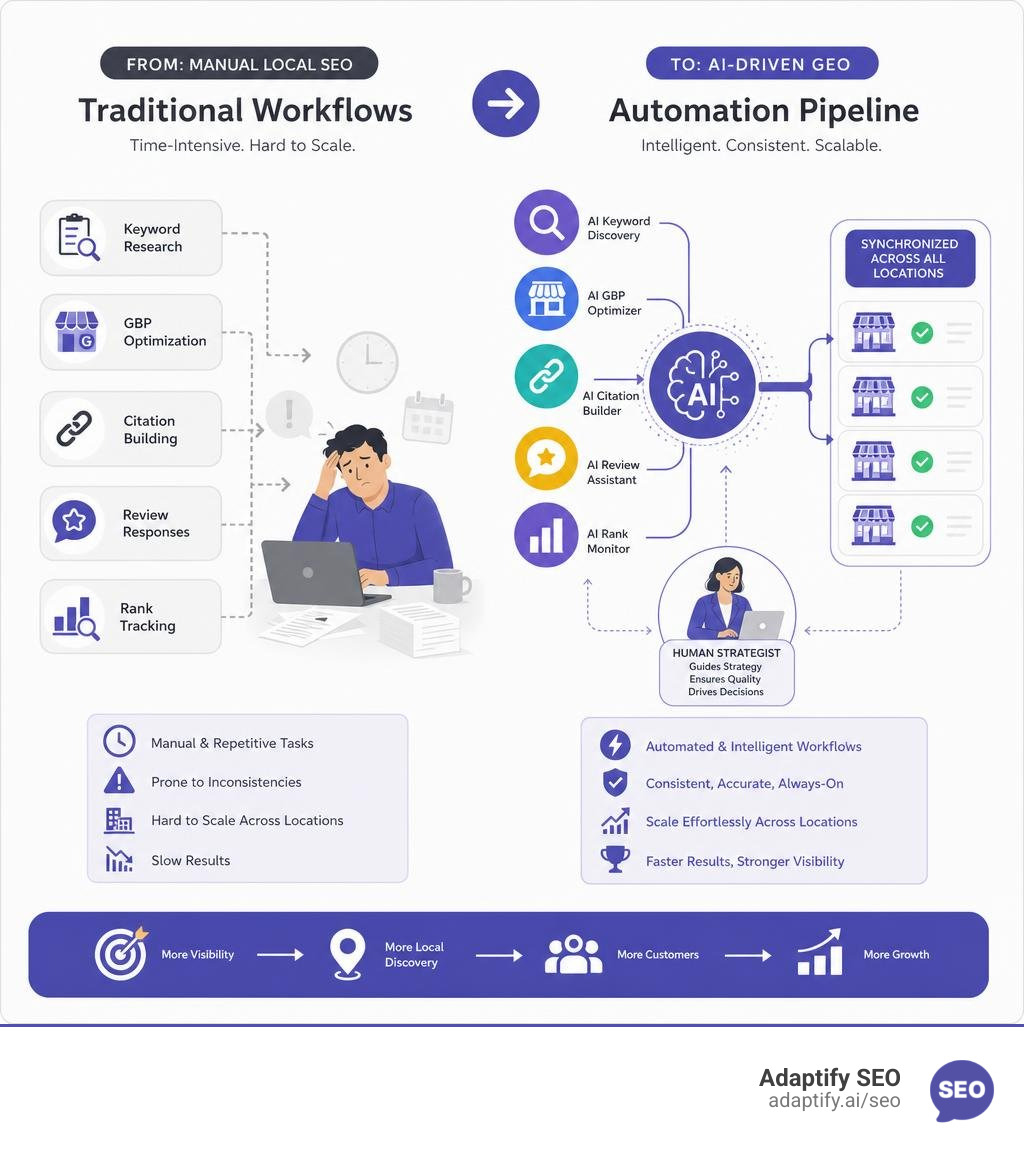 Infographic showing shift from traditional local SEO manual workflows to AI-driven GEO automation pipeline infographic