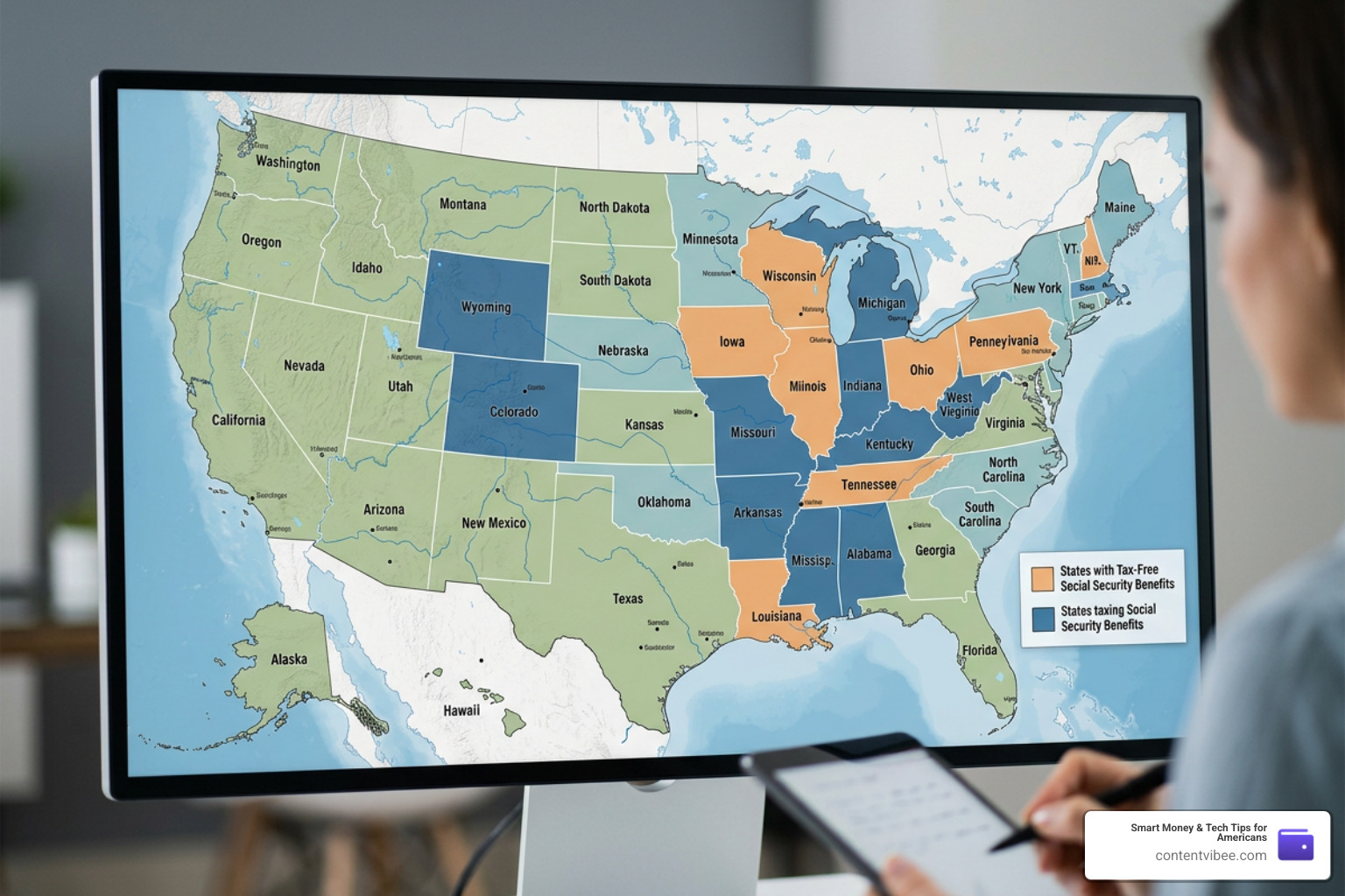 US map showing states that tax Social Security vs those that are tax-free