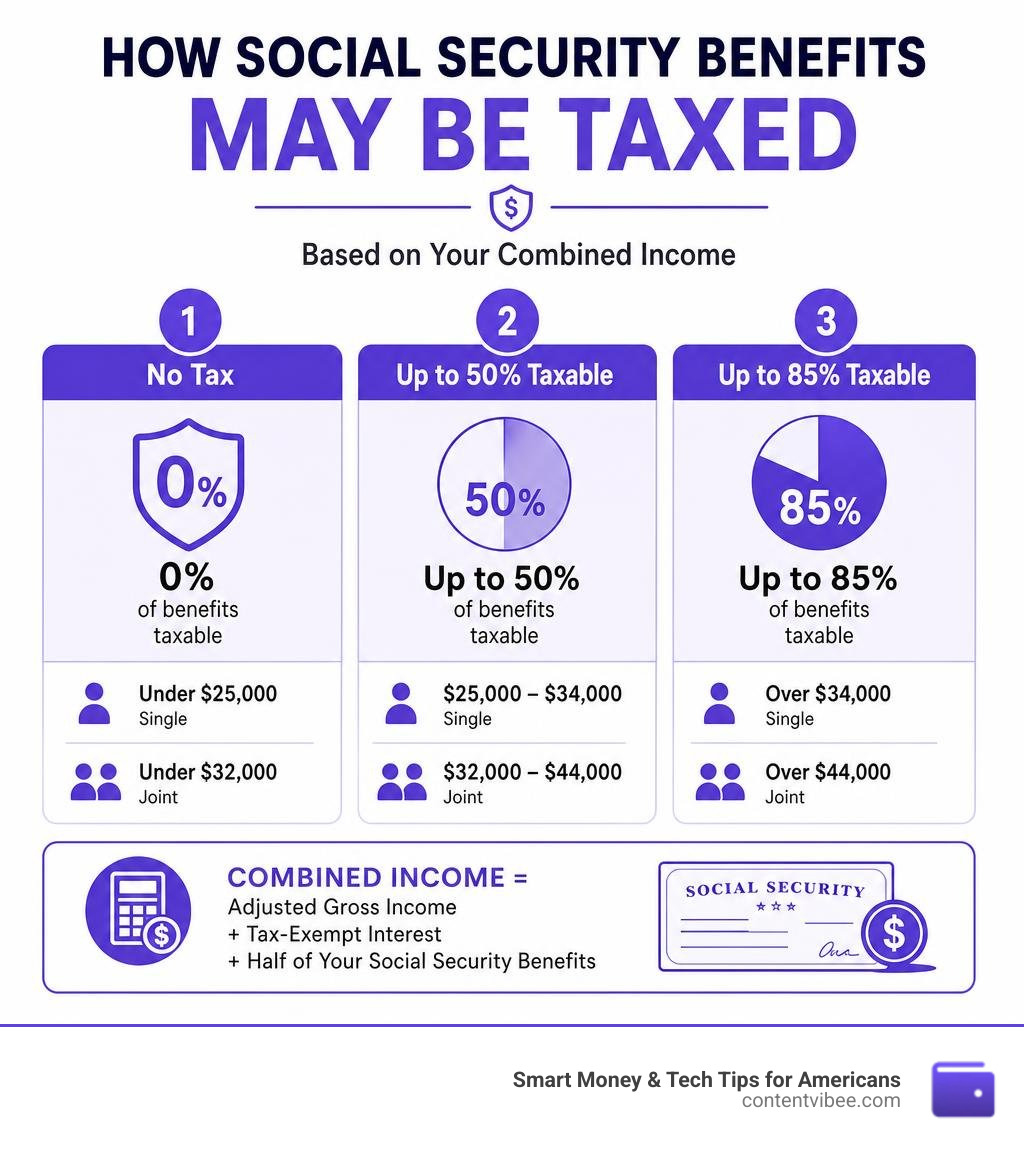 Infographic showing Social Security benefit taxation tiers based on combined income thresholds infographic