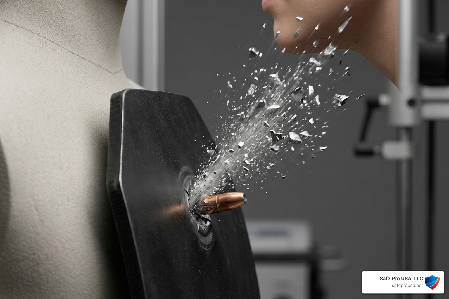 Diagram showing bullet impact on a steel plate causing dangerous upward spall and fragmentation toward the neck and face Diagram showing bullet impact on a steel plate causing dangerous upward spall and fragmentation toward the neck and face