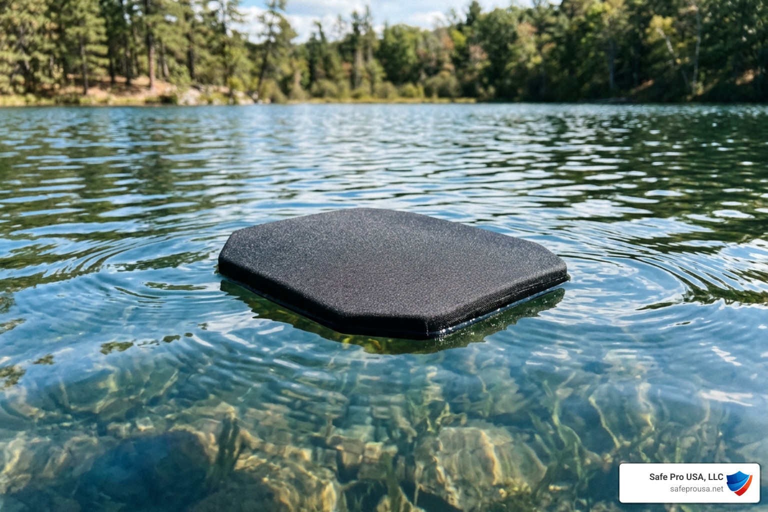 Lightweight UHMWPE body armor plate floating in water to demonstrate buoyancy and lightweight properties Lightweight UHMWPE body armor plate floating in water to demonstrate buoyancy and lightweight properties