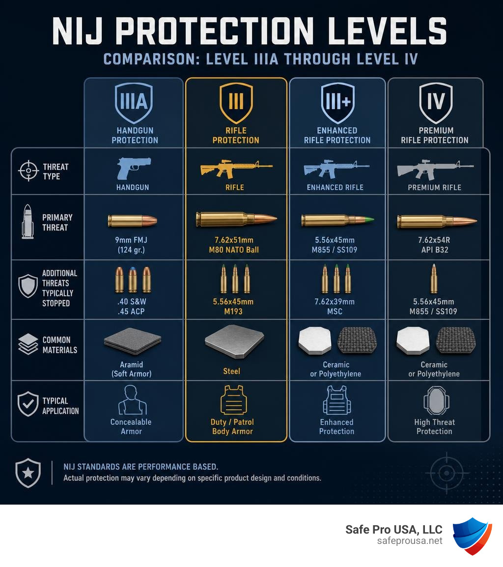 NIJ protection levels comparison infographic showing Level IIIA through Level IV threat ratings and materials infographic NIJ protection levels comparison infographic showing Level IIIA through Level IV threat ratings and materials infographic