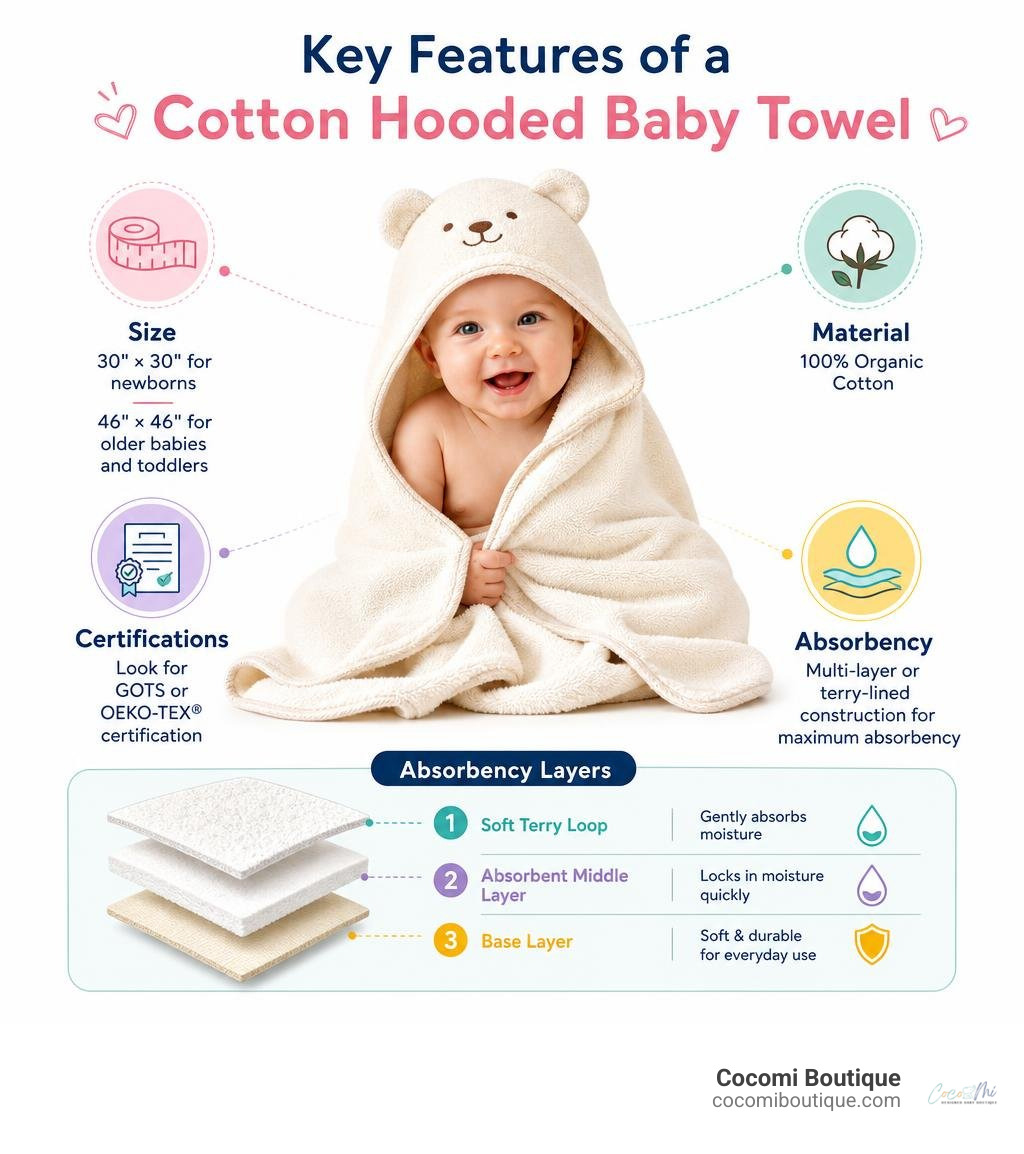 Key features of a cotton hooded baby towel including size, material, certifications, and absorbency layers infographic