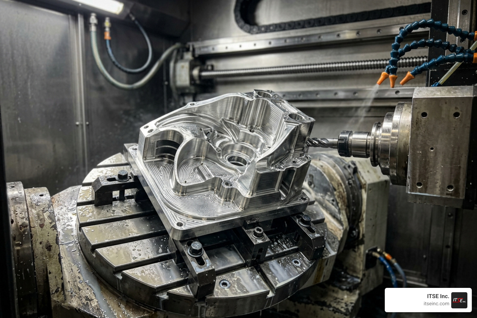 Complex aerospace component machined on a 5-axis CNC machining center