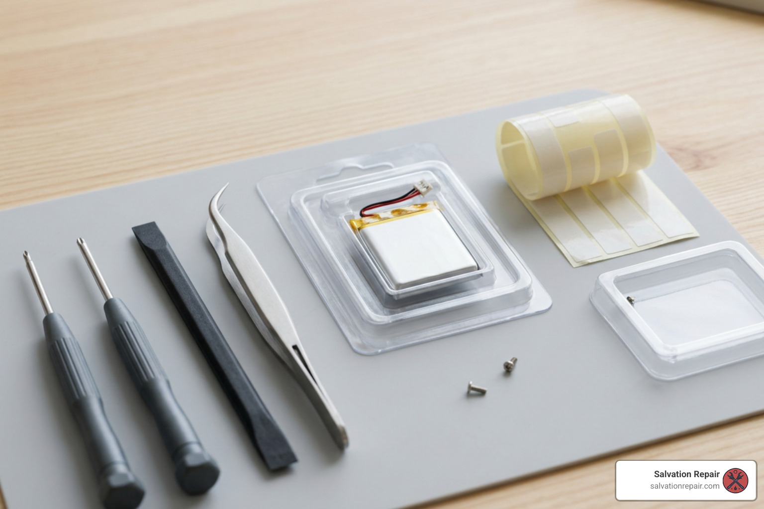 DIY Apple Watch battery replacement kit with precision tools and adhesive strips
