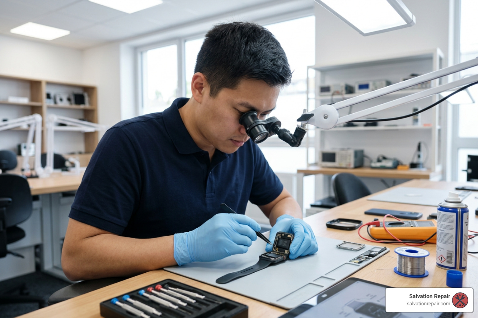 Apple Store repair service technician analyzing an Apple Watch battery