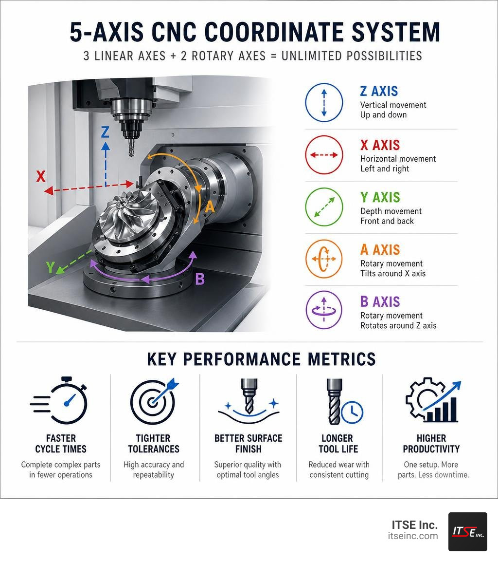 Infographic showing 5-axis CNC coordinate system with X Y Z linear axes and A B rotary axes and key performance metrics