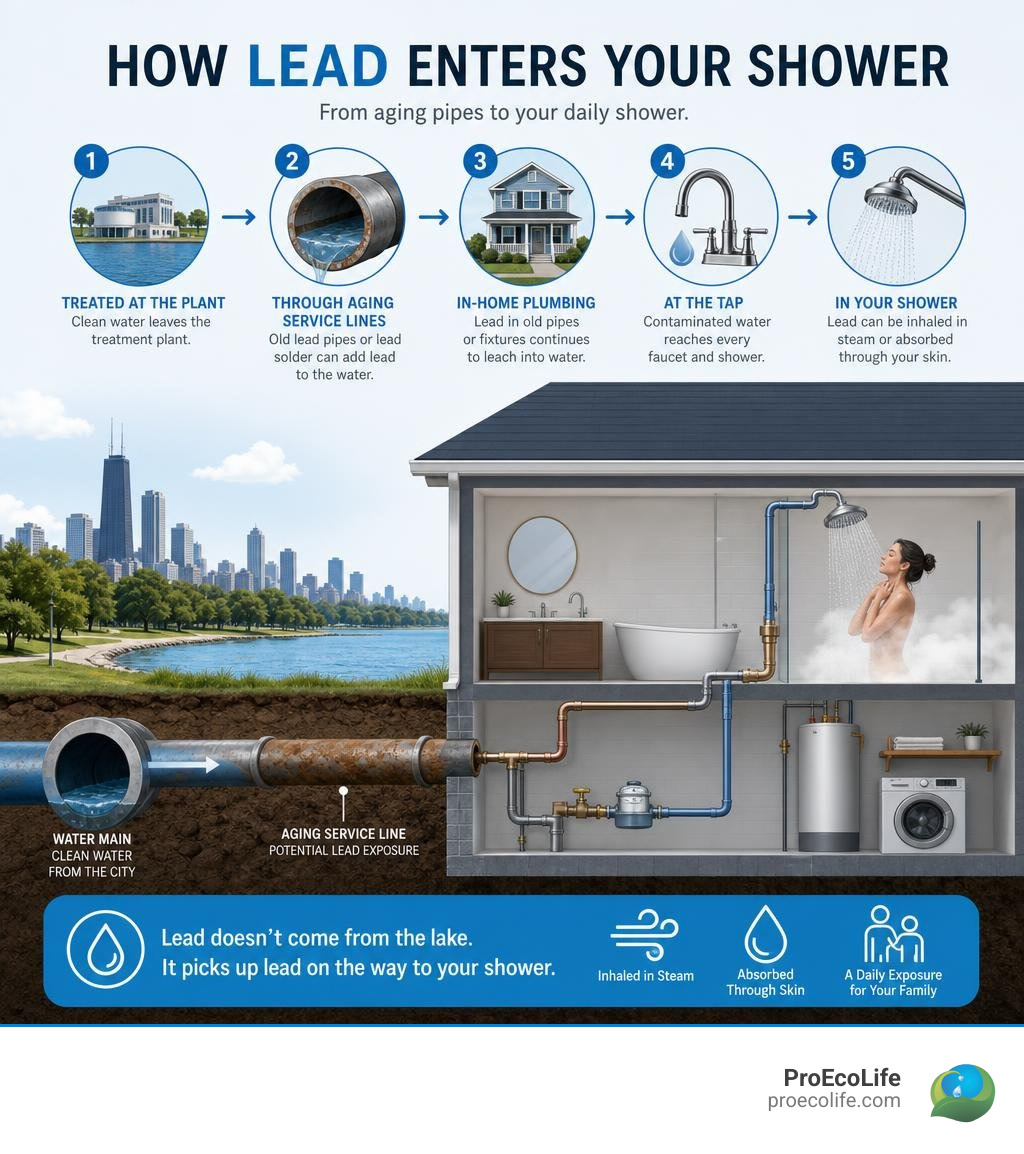 how lead enters household water through aging pipes and reaches your shower infographic
