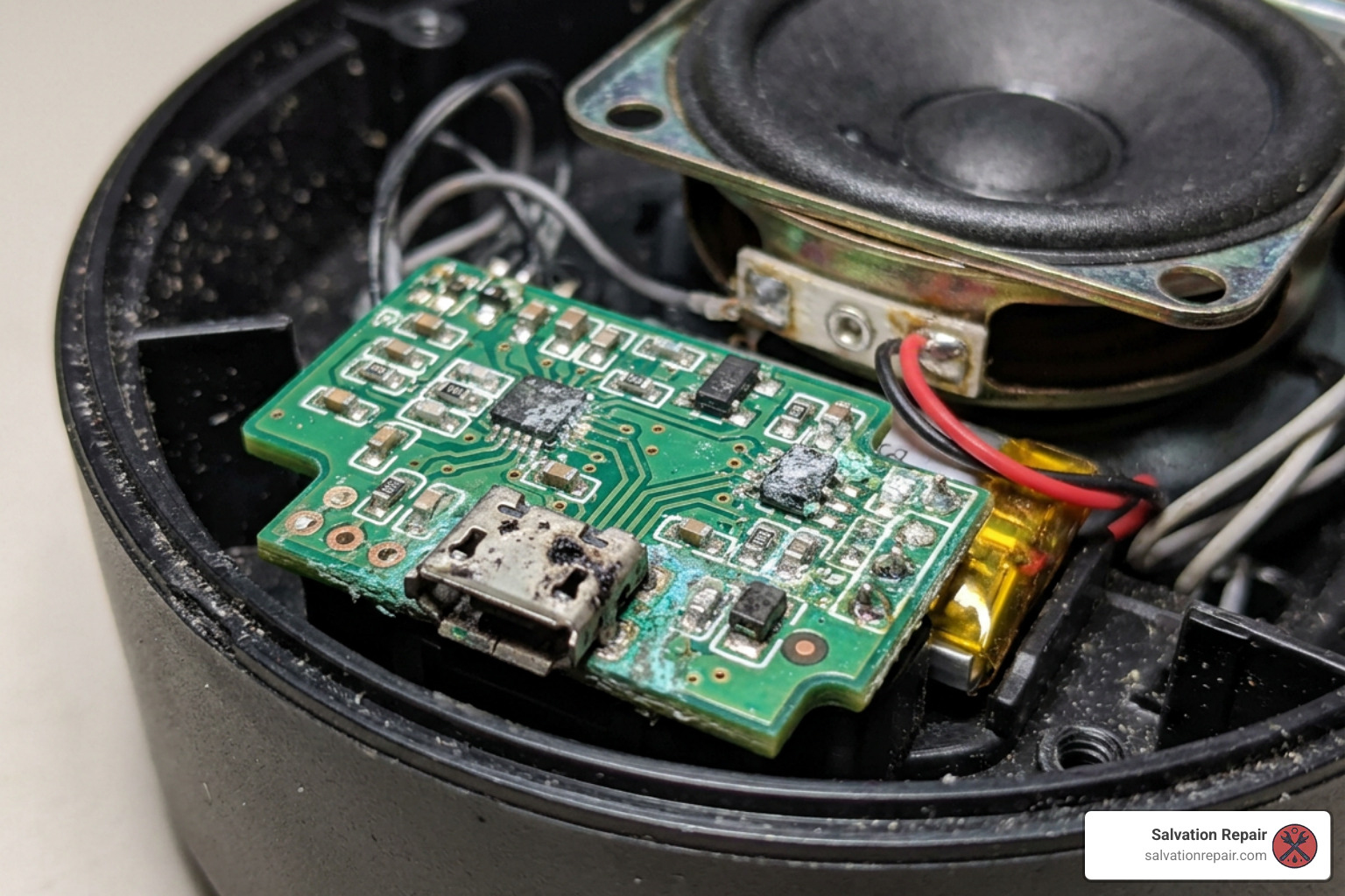 corroded circuit board inside a bluetooth speaker from Mississippi humidity