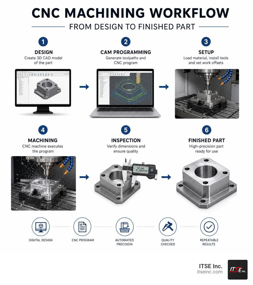 CNC machining workflow from design to finished part infographic infographic CNC machining workflow from design to finished part infographic infographic
