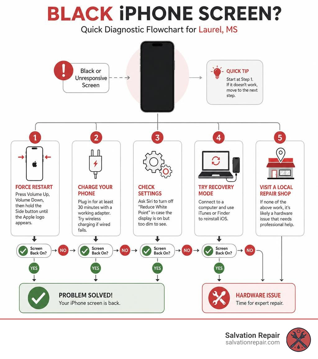 Quick diagnostic flowchart for fixing a black iPhone screen in Laurel MS infographic Quick diagnostic flowchart for fixing a black iPhone screen in Laurel MS infographic