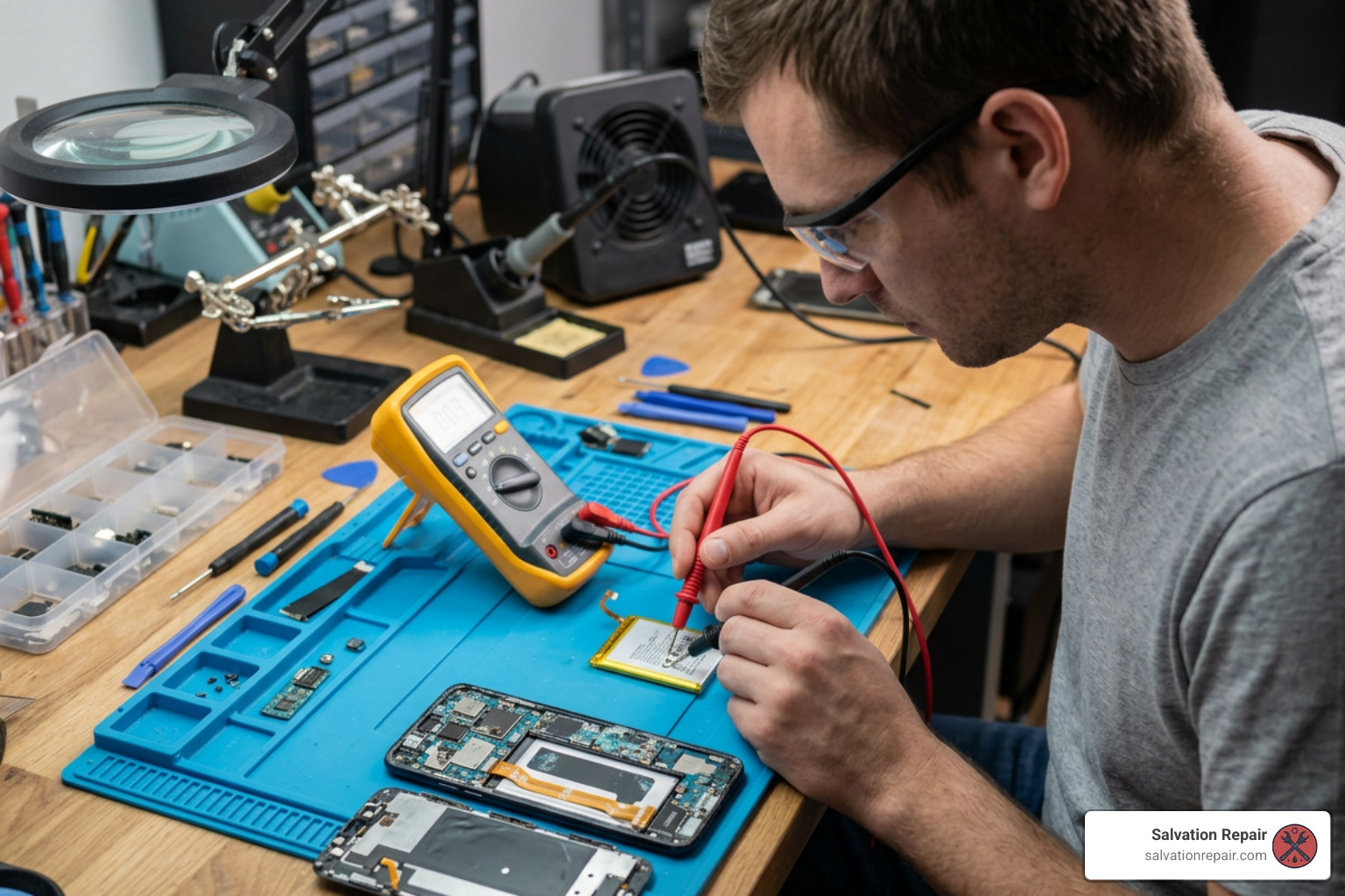 technician testing a phone battery with a multimeter battery degradation water damage motherboard failure