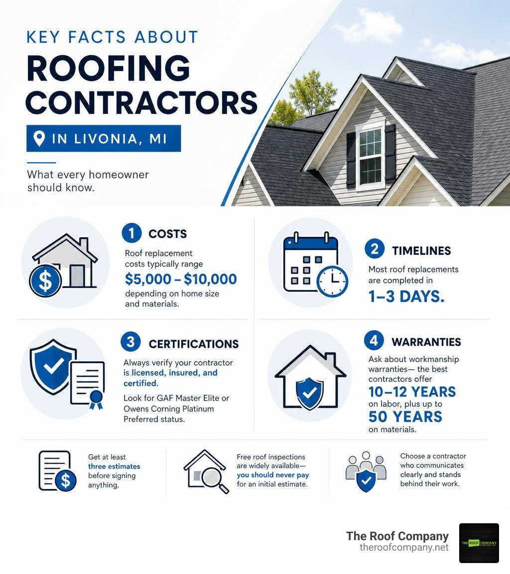 Infographic showing key facts about roofing contractors in Livonia MI: costs, timelines, certifications, warranties Infographic showing key facts about roofing contractors in Livonia MI: costs, timelines, certifications, warranties