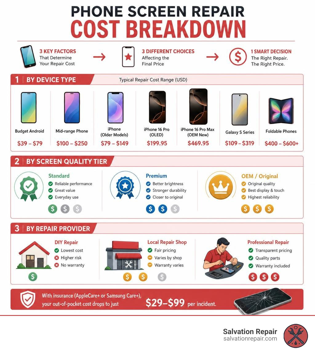 Infographic showing phone screen repair cost breakdown by device type, screen quality tier, and repair provider infographic Infographic showing phone screen repair cost breakdown by device type, screen quality tier, and repair provider infographic