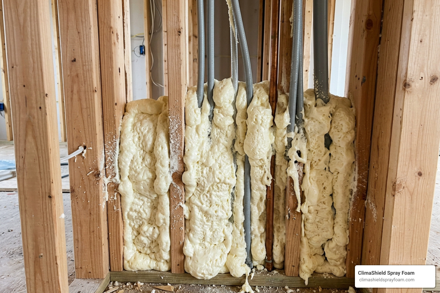 Spray foam expanding in a wall cavity to seal gaps and cracks Spray foam expanding in a wall cavity to seal gaps and cracks