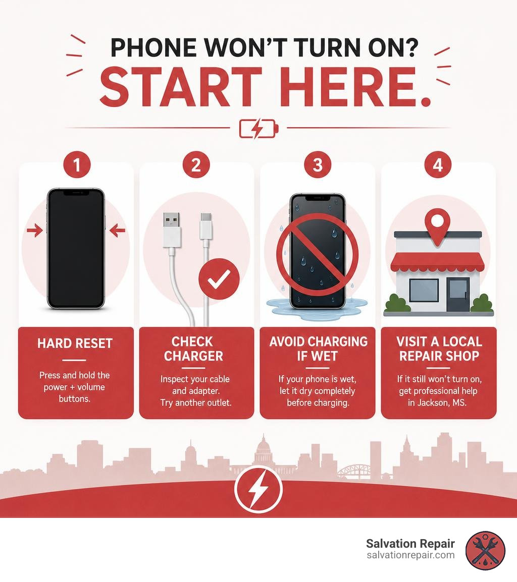 Infographic showing initial steps when a phone won't turn on: hard reset, check charger, avoid charging if wet, visit a