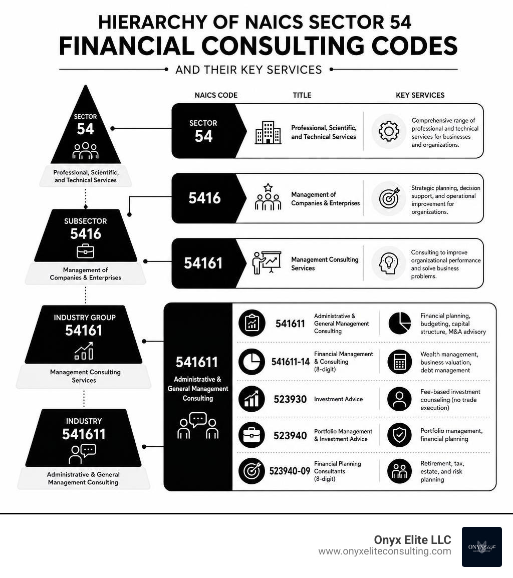 Hierarchy of NAICS Sector 54 financial consulting codes and their key services infographic