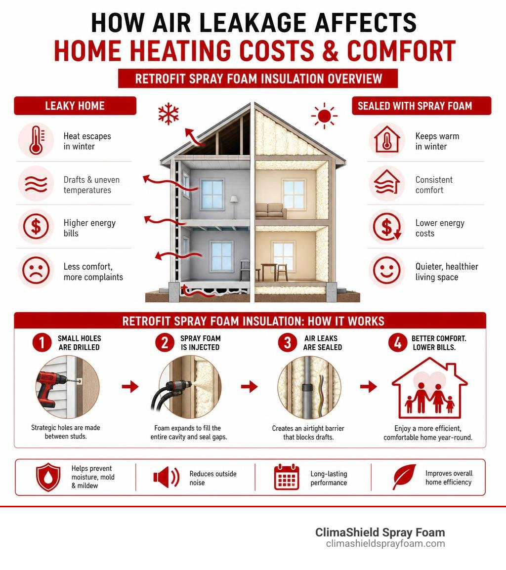 How air leakage affects home heating costs and comfort — retrofit spray foam insulation overview infographic How air leakage affects home heating costs and comfort — retrofit spray foam insulation overview infographic
